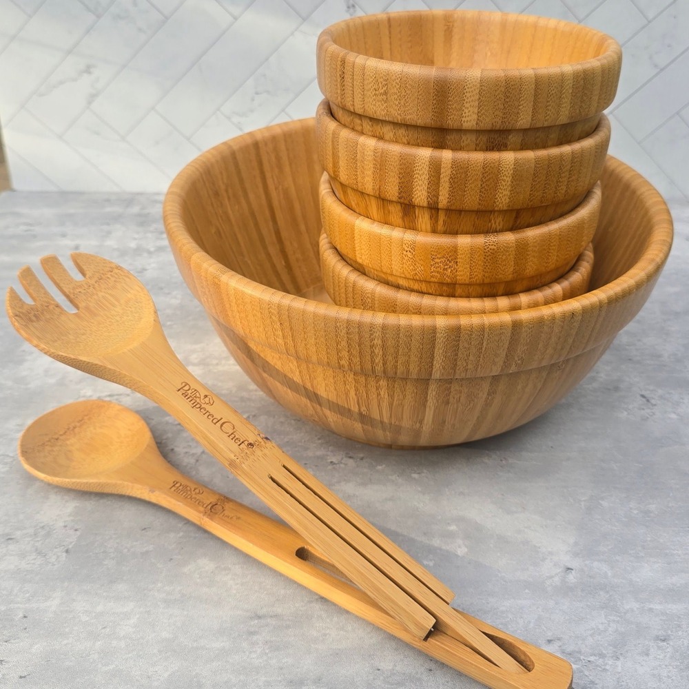 Pampered Chef Bamboo Salad Bowl Set 7 Piece Large Serving 4 Small Bowls Utensils